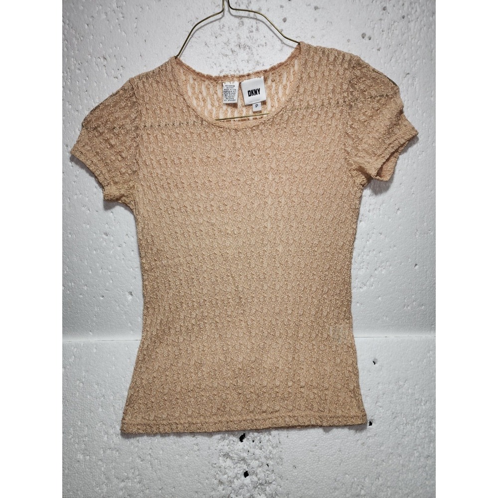 DKNY Top Womens Size 15L Petite Peach Casual Short Sleeve Round Neck Knitted